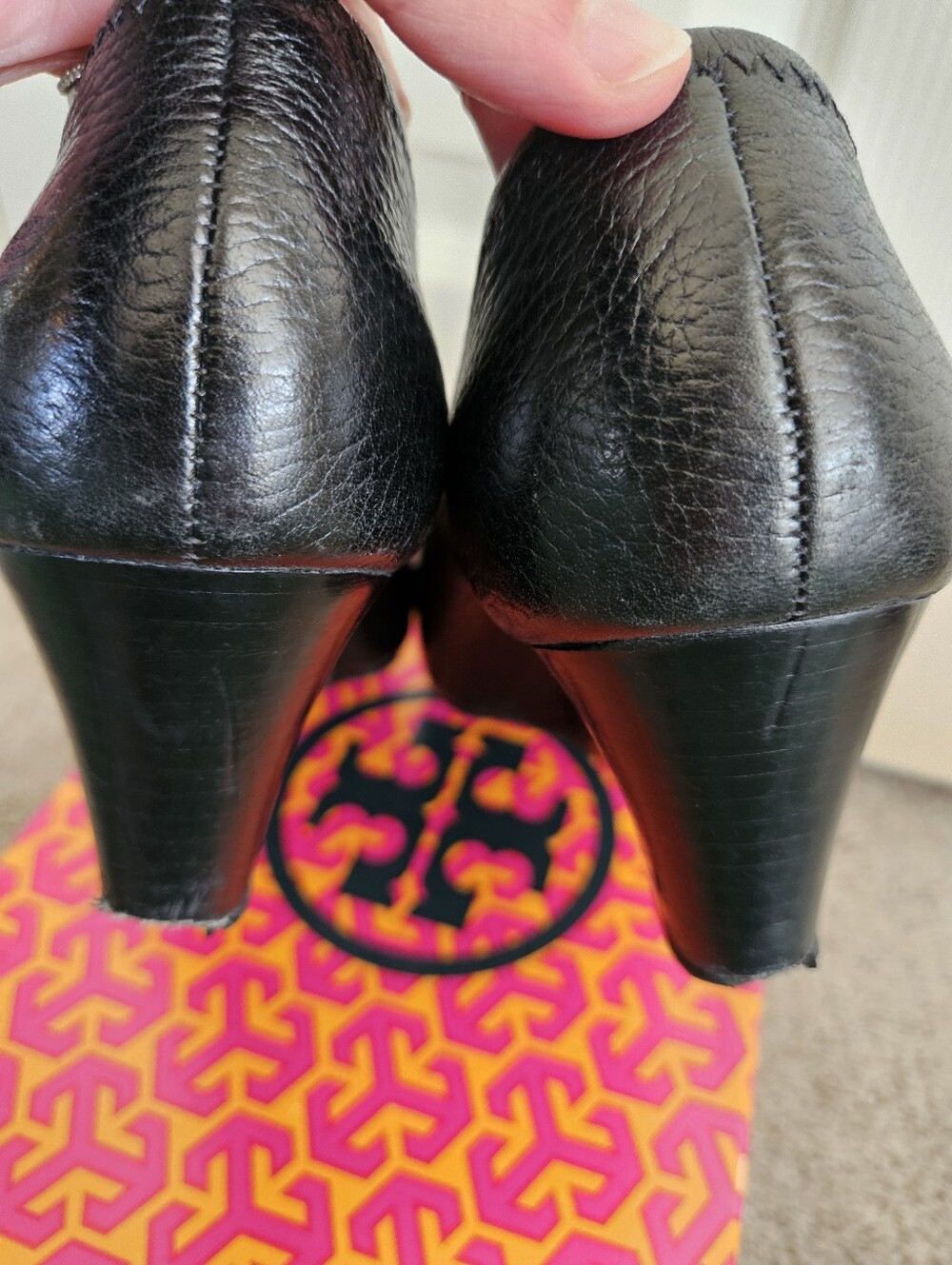 Tory Burch Black Leather Peep-Toe Wedges with Silver Logo Accent - Picture 5 of 11
